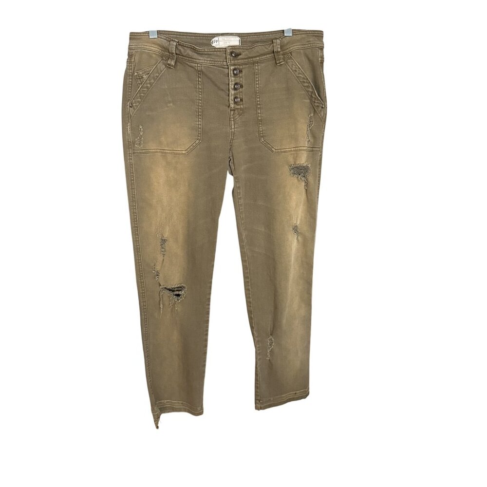 Free People Womens Olive Distressed Button-Fly Jeans Size 8 Cotton